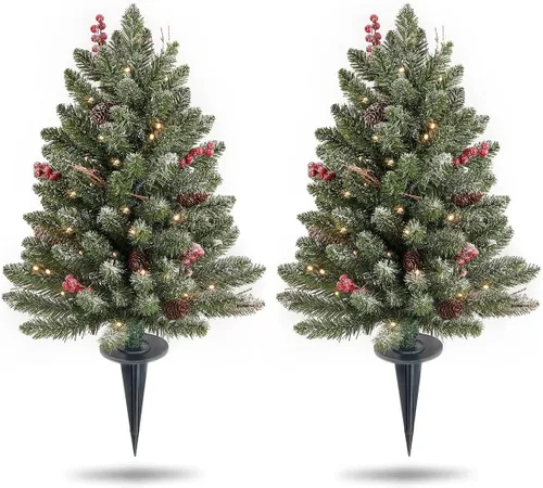 Vista 9 de OasisCraft - Juego de 2 árboles de Navidad artificiales para exterior de 24 pulgadas con relleno de urna escarchada, árbol de Navidad preiluminado