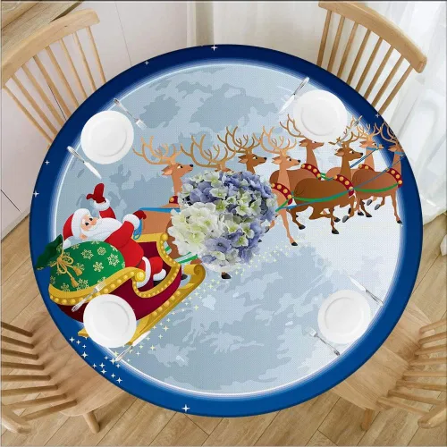 Vista 10 de Mantel redondo de Navidad, impermeable y borrable con borde elástico, jamón de cerdo asado servido con papas horneadas, se adapta a mesa redonda