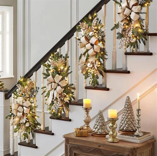 Vista 3 de 2 unidades 2023 inalámbricas preiluminadas para escaleras de Navidad, decoración de escaleras artificiales, guirnalda de Navidad con luces, A Red