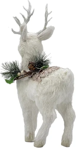 Vista 4 de Galt International Figura decorativa de reno de Navidad blanca, 14 guirnaldas de piñas con purpurina, Papá Noel, ciervos, decoración de mesa