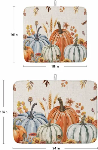 Vista 3 de Tapete de secado de platos de otoño de Acción de Gracias para encimera de cocina, almohadilla de secado de microfibra para biberón de calabaza azul