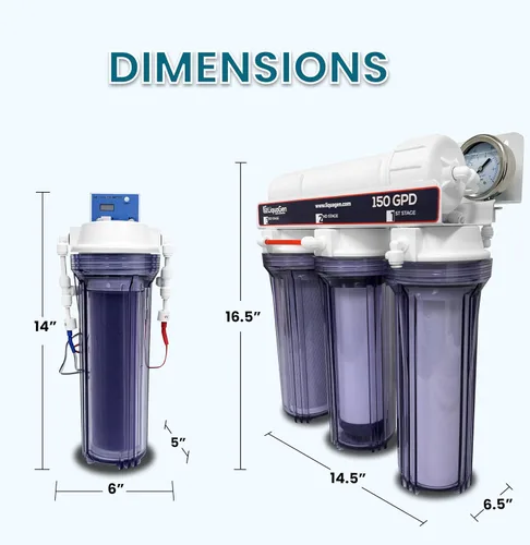 Vista 5 de LiquaGen - Sistema de filtración de agua de ósmosis inversa y desionización (RODI) Super Flow Manómetro con válvula de flotador Medidor digital