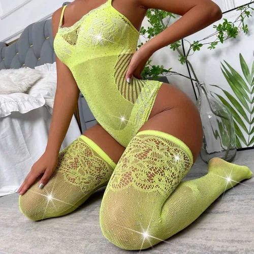 Vista 5 de Conjunto de lencería de red para mujer para sexo, travieso sexy malla de encaje brillante con diamantes de imitación con medias altas hasta el muslo