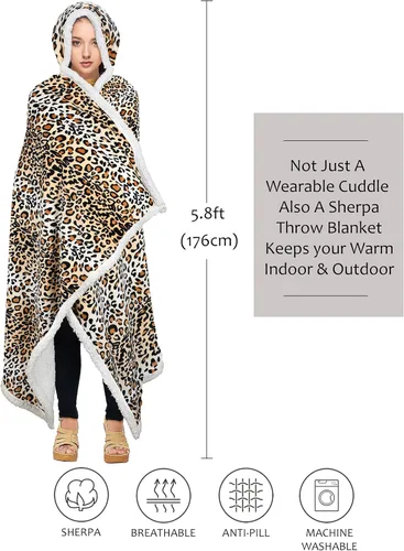 Vista 3 de Manta con capucha, cálida y acogedora manta de poncho suave, capa de forro polar, regalos para mujeres, Guepardo