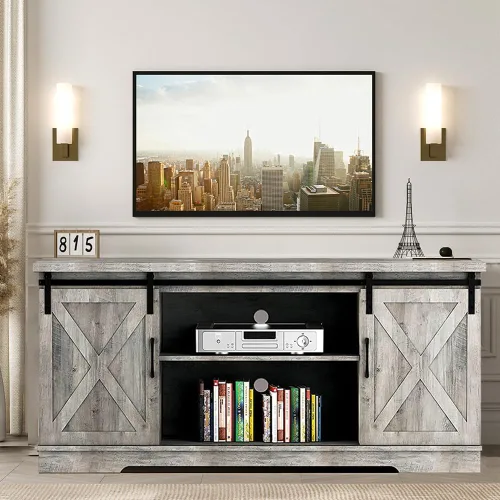 Vista 3 de IDEALHOUSE Soporte de TV de granja, centro de entretenimiento para consola multimedia de TV de 65 pulgadas, puertas de granero blancas