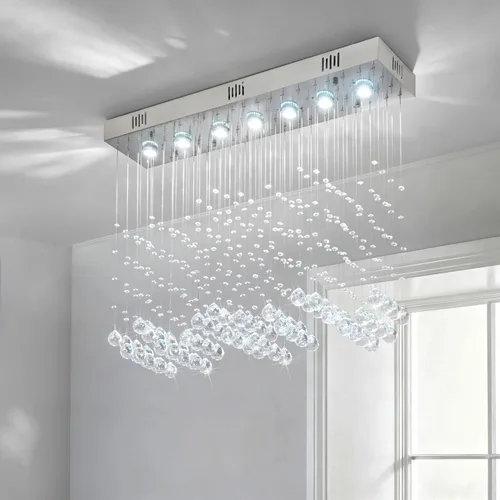 Vista 9 de Candelabro de cristal moderno de 7 luces rectangular de lujo con ondas, lámpara de techo empotrada colgante con gotas de lluvia cromada para isla