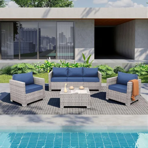 Vista 9 de WAROOM Juego de muebles de patio de 4 piezas para conversación de mimbre para exteriores, sofá seccional de ratán PE con mesa de almacenamiento Gris