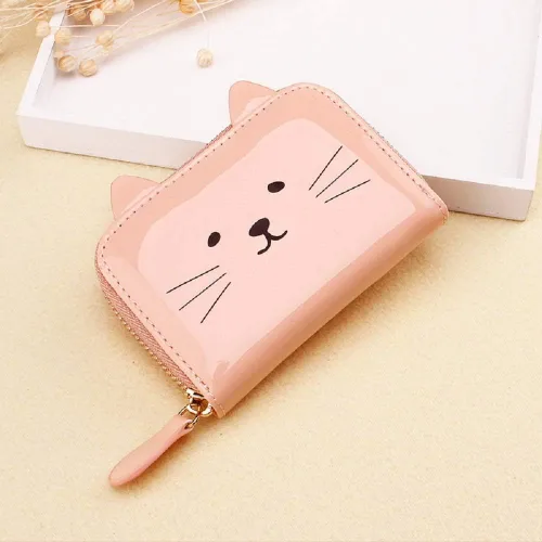 Vista 2 de JIUFENG Cartera para mujer con bloqueo RFID, bonito diseño de gato, con cremallera, multiusos, tarjetero pequeño