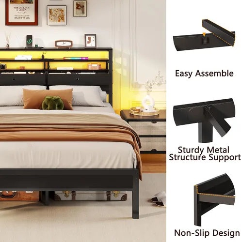 Vista 7 de Full Size Bed Frame with Headboard, 3-Tier Storage Shelves & 2 Fabric Drawers, Built-in Charging Station & RGB LED Lights, Metal Slat Support, No