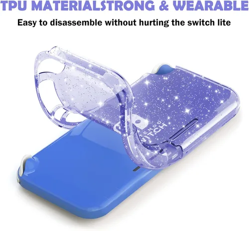 Vista 6 de DLseego Purple Glitter Protective Case For Switch Lite, Bling Clear Crystal Soft TPU Cover with Shock-Absorption and Anti-Scratch Design, Cute