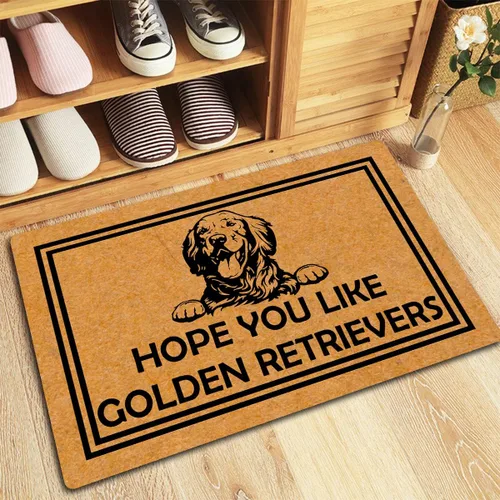 Vista 2 de MjiejieM Divertidos felpudos con texto en inglés "Hope You Like Golden Retrievers", tapete de bienvenida para interiores y exteriores, tapete