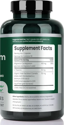 Vista 2 de FAMILI+ Magnesio 400mg Extracto de té verde orgánico 100 mg L-teanina, suplemento de magnesio para músculos, huesos, corazón, alivio del estrés