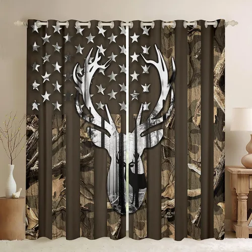 Vista 51 de Cortinas opacas de camuflaje con bandera estadounidense, regalo para niños, cortina de ventana de camuflaje verde con rayas negras, estrellas