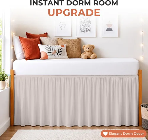 Vista 11 de Dorm Ruffle Twin XL 28" Drop Extra Long BedSkirt, Premium Brushed Microfiber Tailored Drop, Put On Elastic Long Dust Ruffle, Split Corner, Bedroom