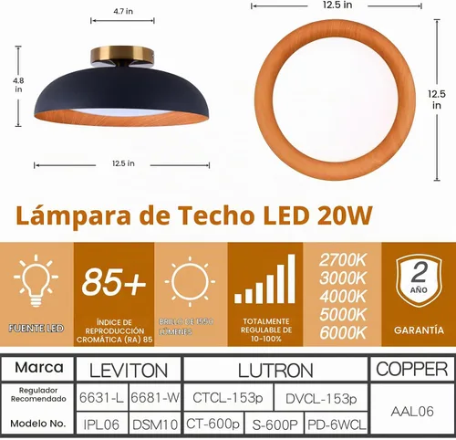 Vista 2 de Bargeni Lámpara de techo empotrada, lámpara de techo LED de 12.5 pulgadas, 5CCT regulable/2700K-6000K/20W, negro mate con acento de madera, montaje