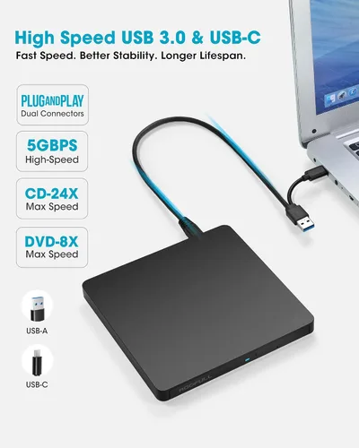 Vista 3 de ROOFULL Unidad externa de CD/DVD USB 3.0 y USB-C, ultrafina de 0.5 pulgadas, reproductor de CD y DVD de alta velocidad, grabador para computadora