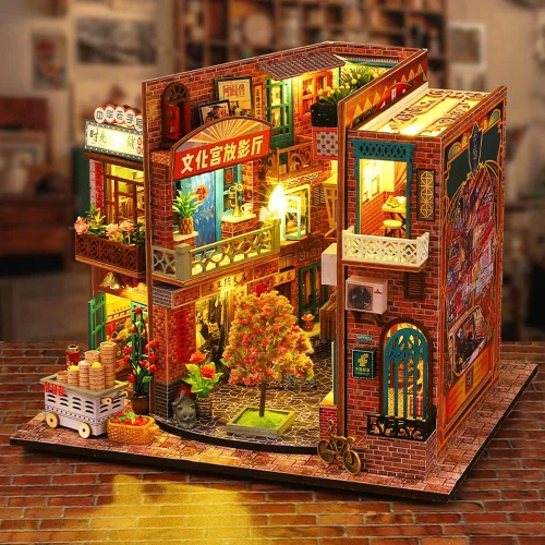 Vista 2 de Casa de muñecas hecha a mano con forma de libro en miniatura, kit de muebles de casa de muñecas, modelo de tienda nostalgia, habitación creativa