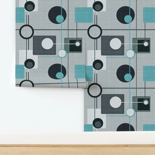 Vista 4 de Papel tapiz para despegar y pegar – Orbs Squares Grey Aqua Black White Vintage Blue Retro Circles Papel pintado personalizado extraíble por