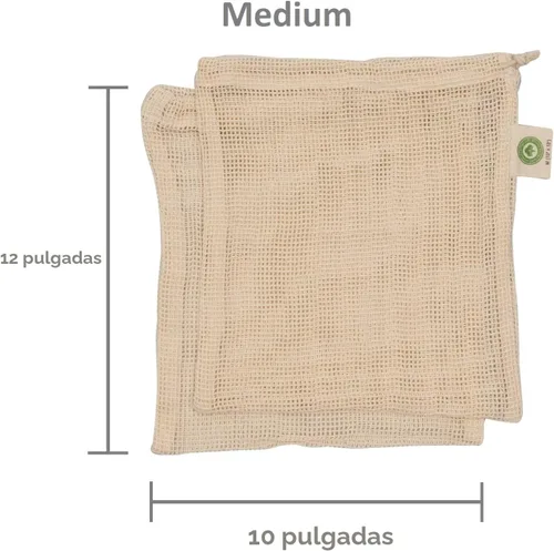 Vista 6 de Bolsas reutilizables de malla de algodón para productos – 100% algodón orgánico, duraderas, doble costura, lavables con peso de tara y cordón