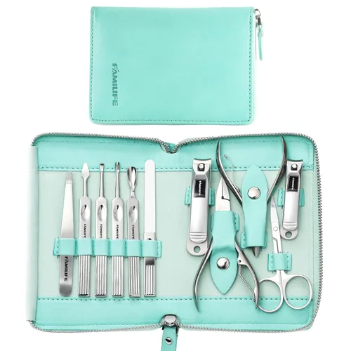 Vista 20 de FAMILIFE - Kit de manicura profesional para uñas, 11 en 1, de acero inoxidable, con estuche de viaje portátil de cuero negro, regalos de lujo para él