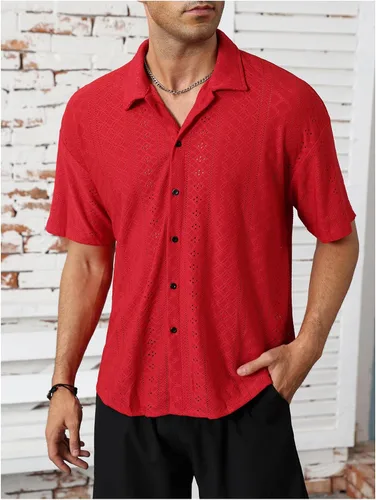 Vista 4 de VIPWOLF Camisa de playa con botones de manga corta con bordado de ojales para hombre