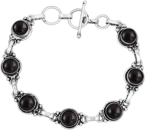 Vista 7 de Round Shape Natural & Synthetic Gemstones Silver Plated Bracelets for Women - Vintage Bohemian Style Handmade Birthstone Adjustable Link Bracelet