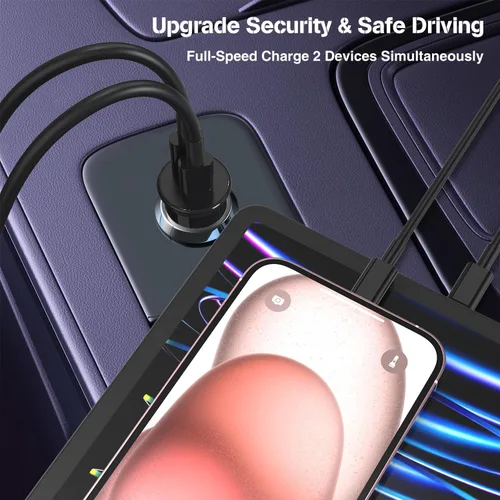 Vista 7 de Cargador de coche para iPhone 17 16 15 de carga rápida, cargador de coche USB C de doble puerto de 40 W con 2 cables USB C de 3 pies, adaptador
