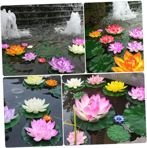 Vista 3 de Yardwe Flores de loto flotantes artificiales para decoración de agua simulada de estanque fáciles de instalar