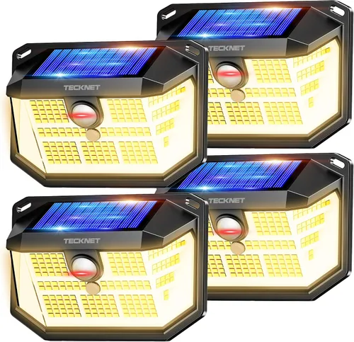 Vista 14 de TECKNET 231 luces LED solares de movimiento al aire libre impermeables, juego de 4 unidades con ángulo de 300° y 3 modos de iluminación, luces