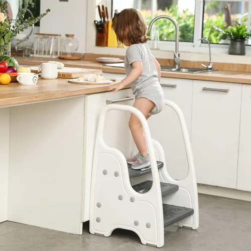 Vista 2 de Taburete para niños pequeños para lavabo de baño, taburete ajustable de 3 pasos para niños, torre de pie de cocina, taburete de aprendizaje