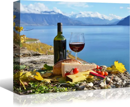 Vista 37 de Denozer - Arte de pared para cocina, lienzo, obras de arte de frutas, uvas, botellas de vino, alimentos, pintura en lienzo para comedor, decoración