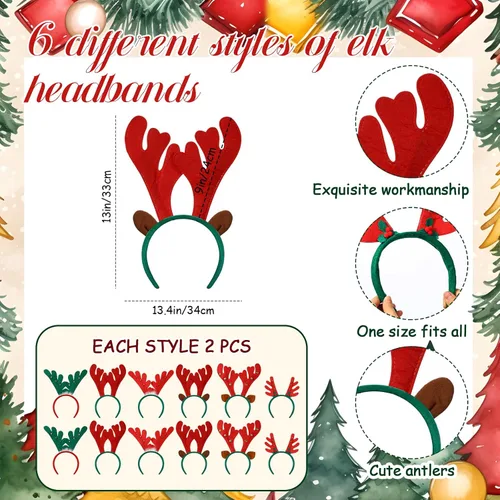 Vista 2 de 12 diademas de cuernos de reno de Navidad, decoración de diadema de Navidad, adorno de aro para el cabello, disfraz para niñas y mujeres adultas