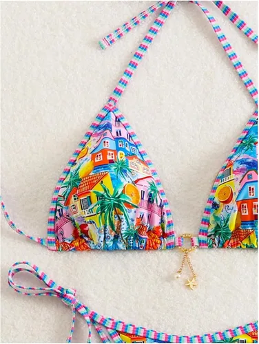 Vista 3 de WDIRARA Traje de baño de dos piezas para mujer estilo boho con estampado floral, conjunto de bikini halter con tiras en forma de triángulo