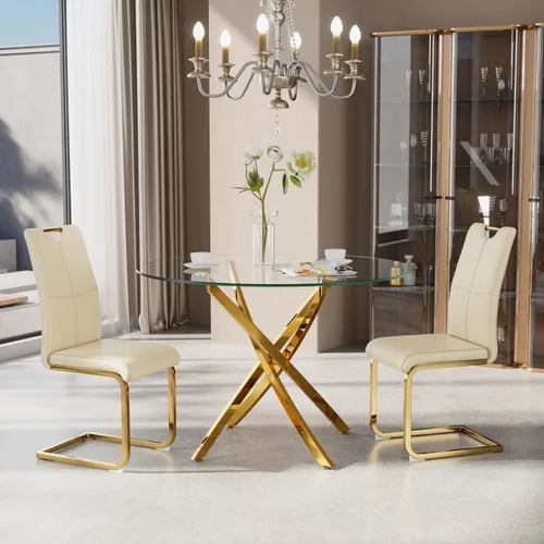 Vista 3 de Juego de sillas de comedor modernas (2 unidades) de piel sintética PU con respaldo alto tapizadas con patas doradas de metal para cocina y comedor