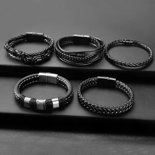 Vista 4 de LOWNOUR Pulseras de cuero negro para hombres y mujeres, 5 unidades, pulseras de cuero y acero trenzadas, cuero