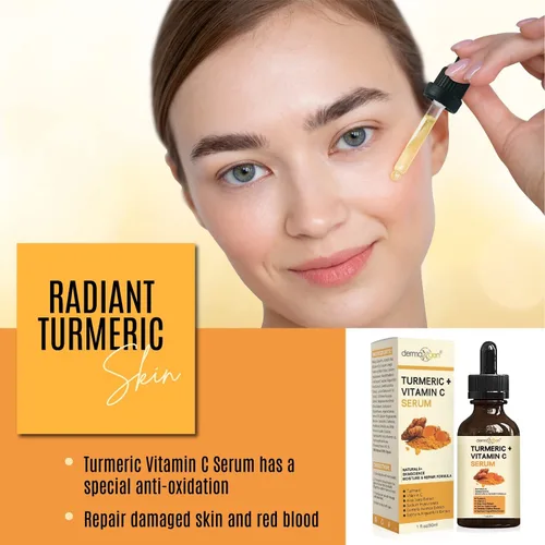 Vista 3 de Suero facial de cúrcuma + vitamina C, tratamiento orgánico para el acné, tono de piel claro, hidrata la piel opaca y seca, suero facial