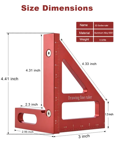 Vista 7 de Imperial 3D Multi-ángulo Regla de Medición,45/90 Grados Aleación de Aluminio Carpintería Cuadrado Transportador Cuadrado, Regla Triángulo Inglete