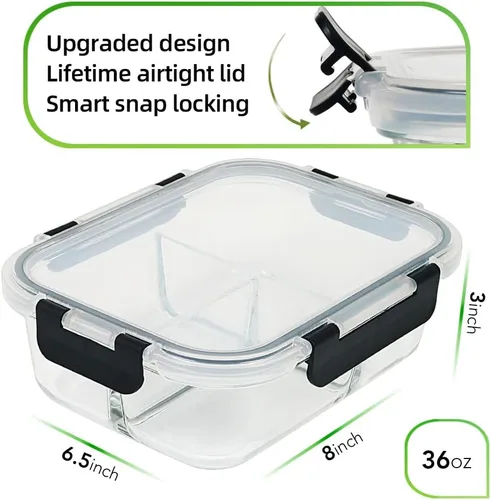 Vista 2 de DAS TRUST Paquete de 5 cajas Bento de vidrio de 36 onzas, 3 compartimentos, recipientes de almacenamiento de alimentos de vidrio con tapas, cuencos