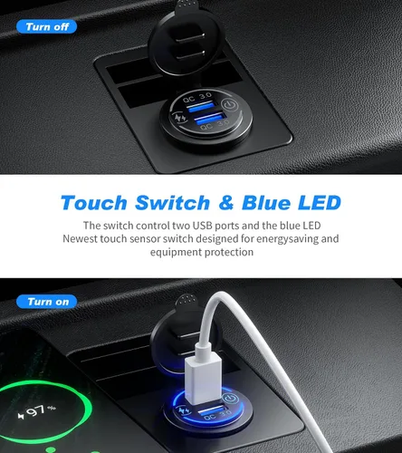 Vista 6 de Paquete de 2 enchufes de carga rápida 3.0 con cargador USB dual, toma de corriente USB impermeable de 36 W, carga rápida con interruptor táctil