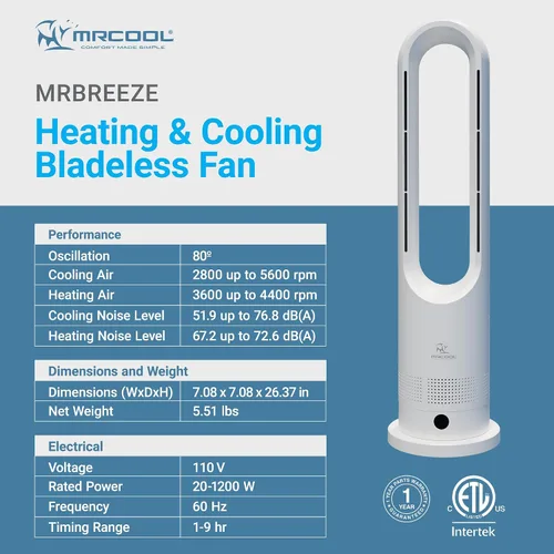 Vista 3 de MRCOOL MrBreeze 4K BTU - Ventilador de torre de calefacción y refrigeración sin aspas, calentador eléctrico portátil silencioso para interiores