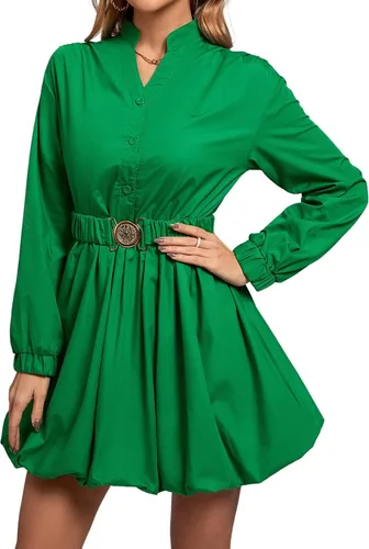 Vista 4 de LYANER Minivestido de manga larga abombada con cuello en V y cinturón con volantes para mujer