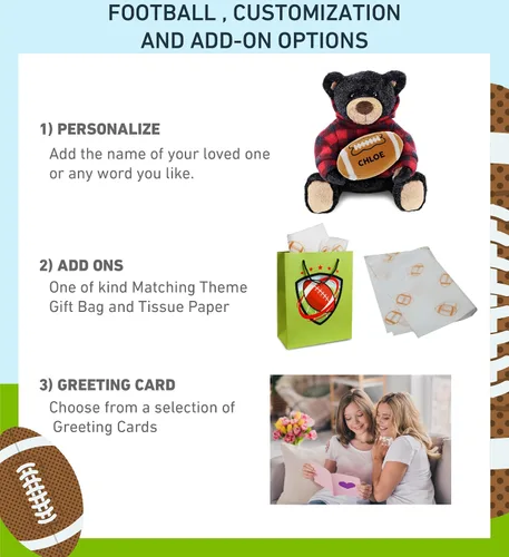 Vista 2 de DolliBu Animal de peluche de oso negro con felpa de fútbol – Oso súper suave para abrazar con capucha a cuadros rojos, juguete de peluche regalo