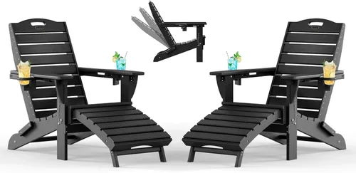 Vista 28 de Sillas Adirondack ajustables con otomana retráctil, silla Adirondack plegable de HDPE con 2 soportes para tazas, resistente a la intemperie