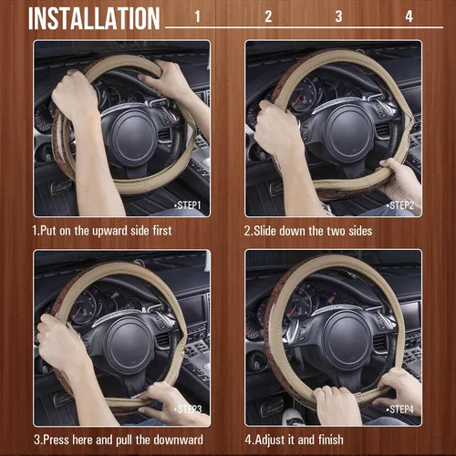 Vista 10 de CAR PASS - Funda de volante de cuero de grano de madera de 14.5-15 pulgadas de microfibra, diseño antideslizante con vetas, funda universal
