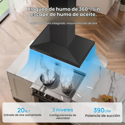 Vista 4 de Campana extractora para isla de 30 pulgadas, campana de cocina de 390 CFM con control táctil/gestual de doble cara, campana extractora de techo