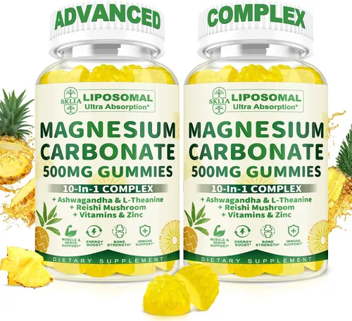 Vista 10 de Gomitas liposomales de carbonato de magnesio de 500 mg - Suplemento de magnesio con Ashwagandha, L-teanina, calcio y vitamina D3 para apoyo muscular
