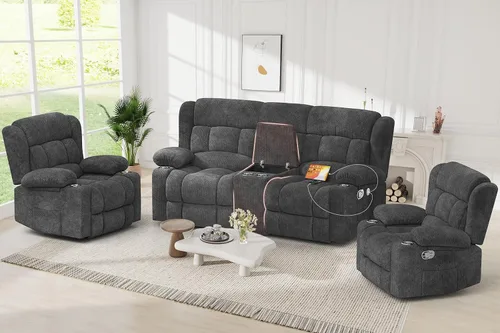 Vista 19 de Juego de sofá reclinable loveseat con 2+1 piezas, 2 plazas estilo minimalista reclinable manual con tirador, loveseat con puertos de carga USB
