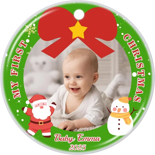 Vista 30 de Adornos de Navidad Personalizados 2025 de Cerámica con Imagen y Texto Personalizados, Ornamento Colgante, Decoraciones Personalizadas para Árbol