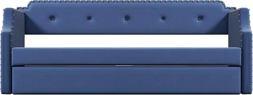 Vista 8 de Sofá cama tapizada con nido, sofá cama de tamaño individual con soporte de listones de madera, marco tapizado de madera para sala de estar, no Azul-2