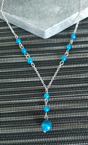 Vista 5 de Natural Crystal Bead Blue Agate Stone Y Shaped Lariat Necklace Non-Tarnish Steel Chain